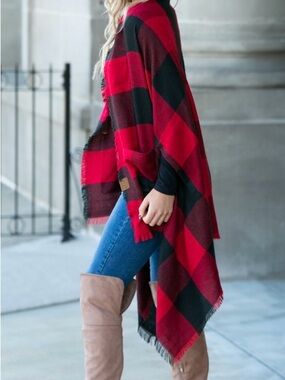 Convertible Red and Black Buffalo Plaid Open Front Poncho Sweater